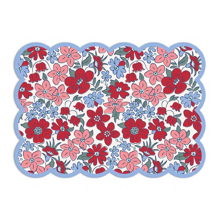 Floral card with red, pink, and blue flowers on a white background