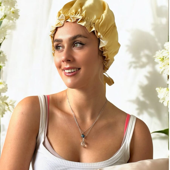 Light Gold/Snow Pure Silk Bonnet: Adjustable, Reversible & Double Lined