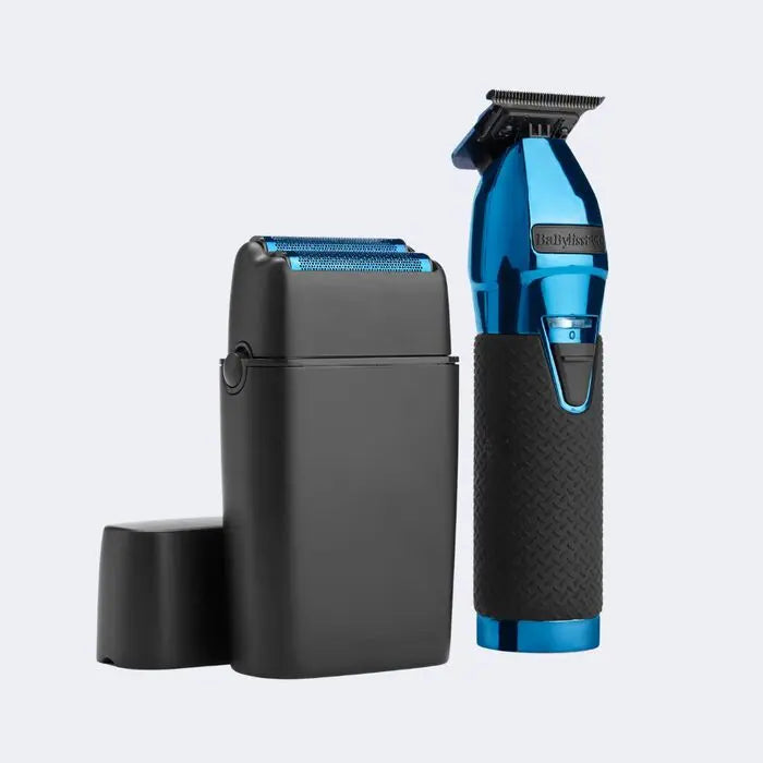 Babyliss LimitedFX Grooming Gift Set Black and blue grooming tool with charging case on a light gray background