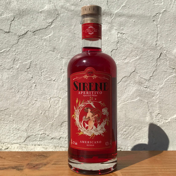 Americano Rosso liquor bottle with red glass and cork, featuring Sirene label