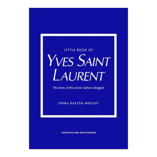 Blue book cover with 'Little Book of Yves Saint Laurent' text