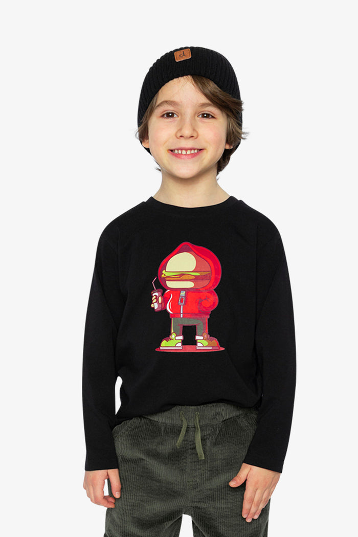 Long Sleeve Organic Cotton T-Shirt Black And Red-1