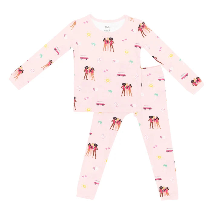 Kyte Baby girls Pink Barbie™ Beach bamboo long sleeve pajama set with matching pants.