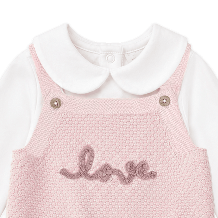 Detail of Love Embroidered Sweater Knit Baby Romper & Bodysuit Set in Organic Cotton
