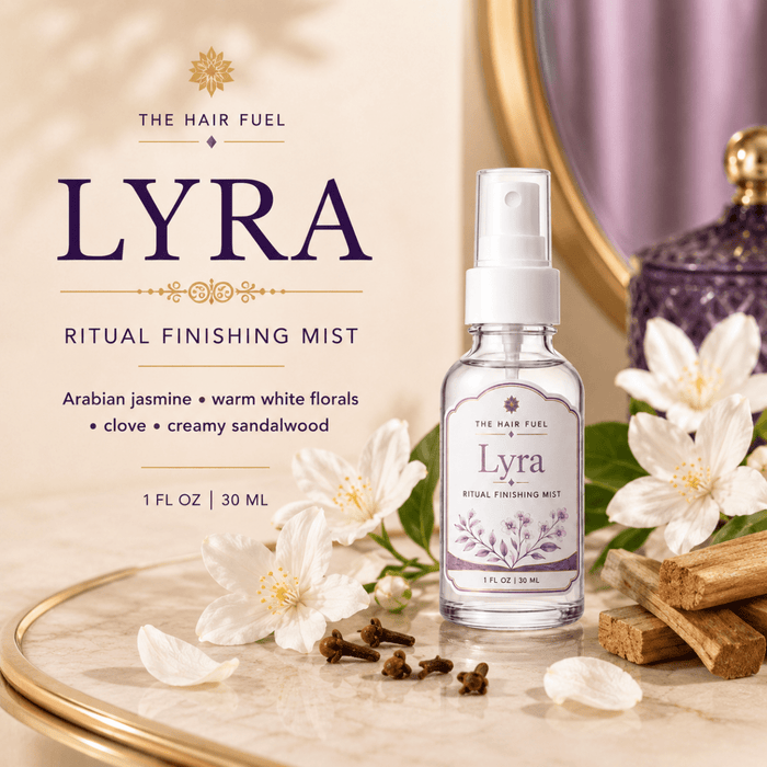 LYRA Ritual Finishing Mist bottle with flowers and incense on a decorative surface
