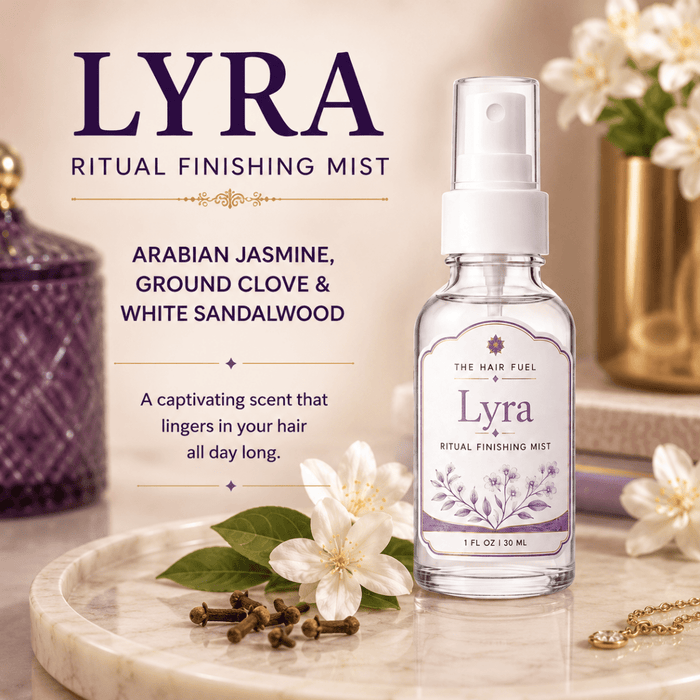 Lyra Ritual Finishing Mist bottle with floral elements on a marble surface