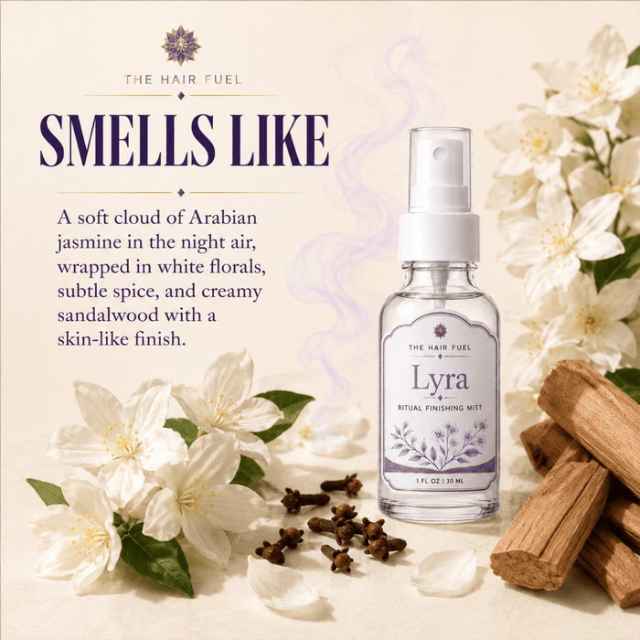 Product packaging for 'Lyra' mist with floral and spice elements on a light background