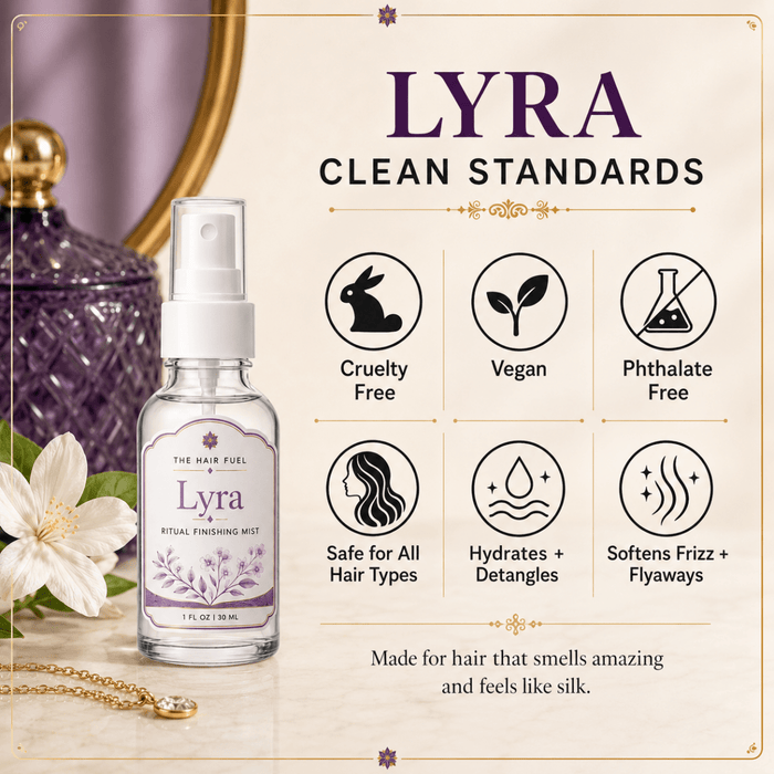 Lyra hair product with 'Clean Standards' icons and description on a decorative background.