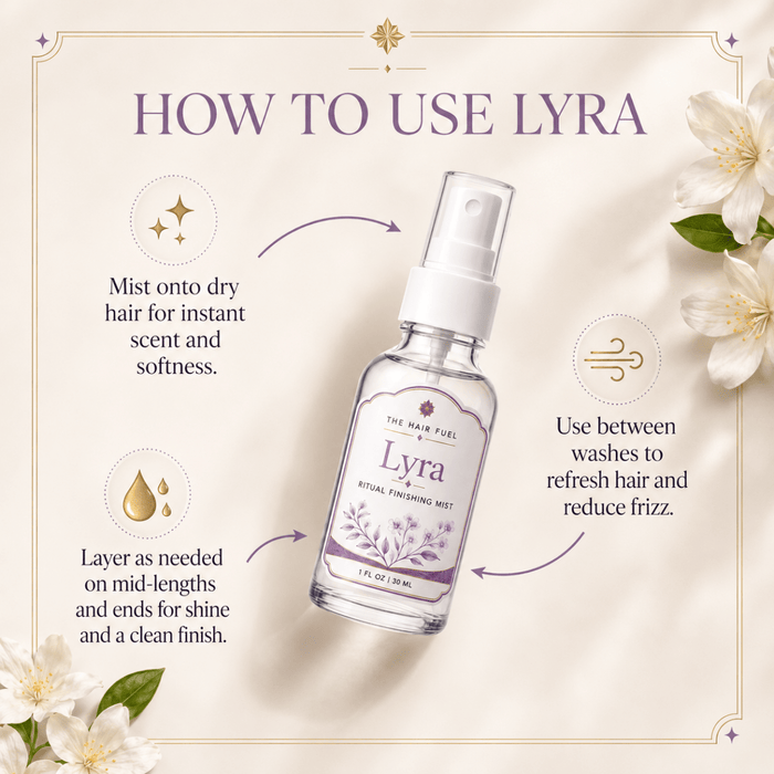 Lyra hair mist bottle with usage instructions on a floral background