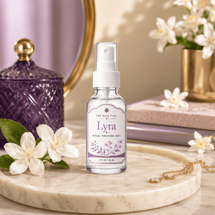 Lyra hair product bottle on a marble surface with flowers and decorative items in the background