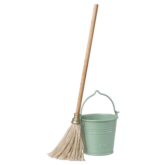 Mint green bucket with a broom on a white background