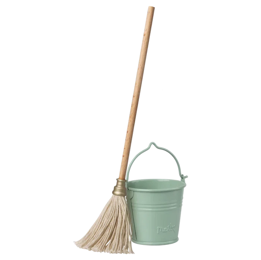 Mint green bucket with a broom on a white background