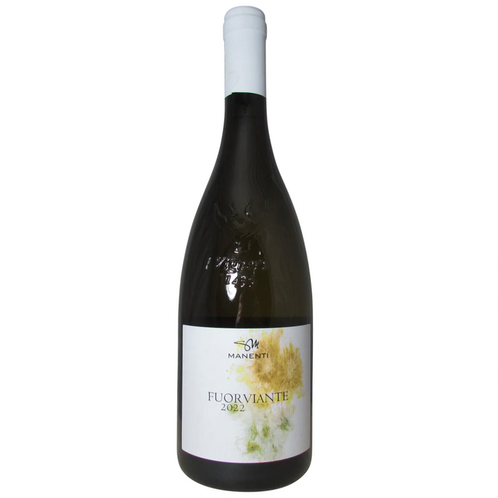 Manenti Fuorviante 2023 wine bottle with dark glass and white label