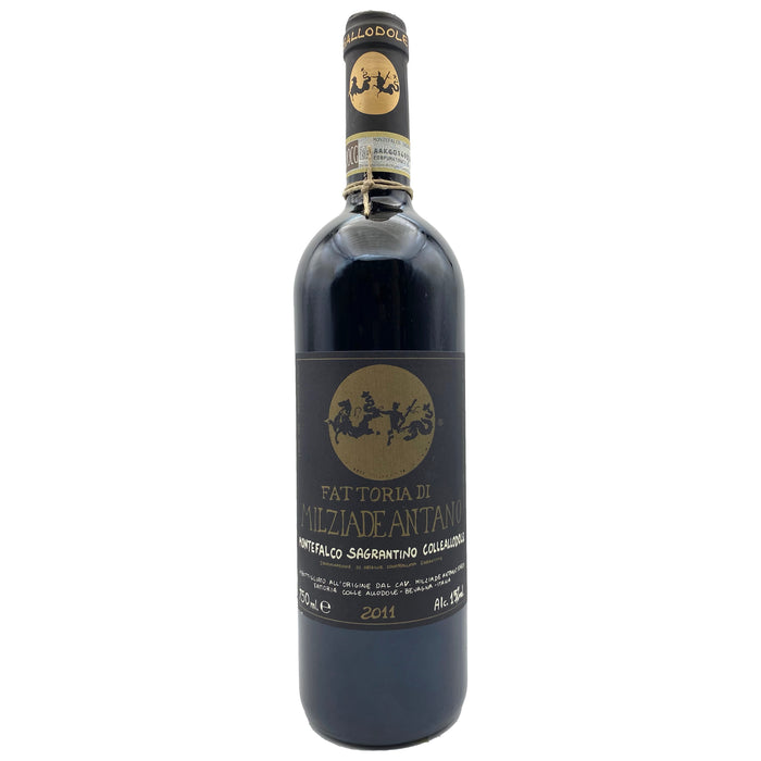 Wine bottle with dark glass and label, 2011 vintage.