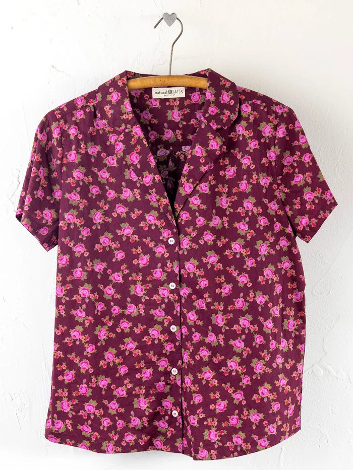 Mix & Match Cotton Short Sleeve Pajama Top - Porto Ditsy Merlot-view 1