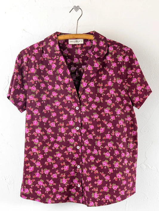 Mix & Match Cotton Short Sleeve Pajama Top - Porto Ditsy Merlot-view 1