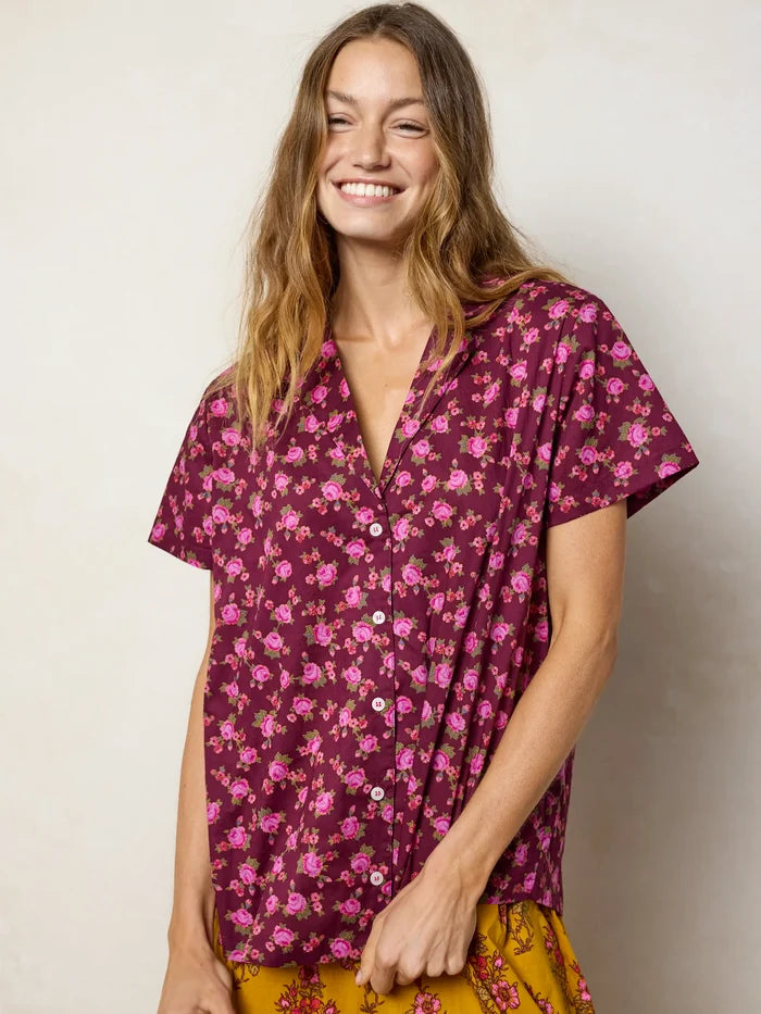 Mix & Match Cotton Short Sleeve Pajama Top - Porto Ditsy Merlot-view 4
