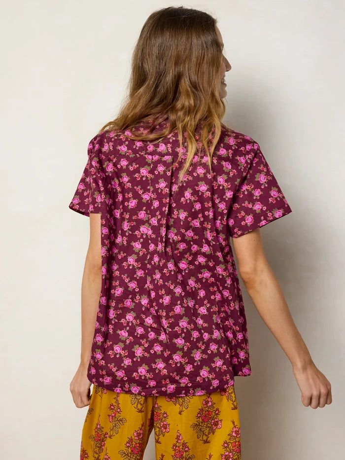 Mix & Match Cotton Short Sleeve Pajama Top - Porto Ditsy Merlot-view 5