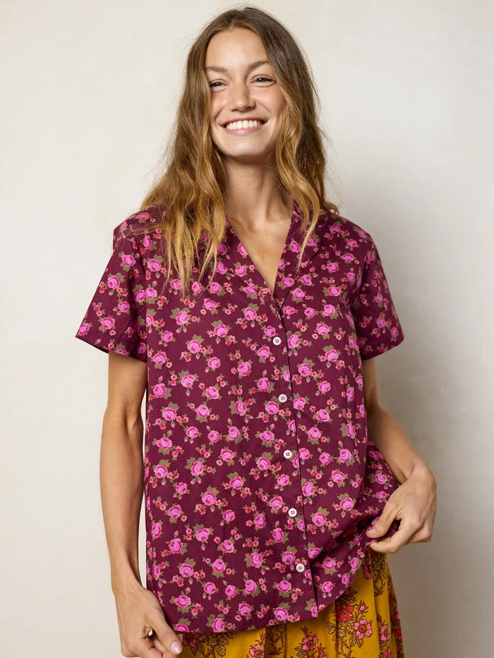Mix & Match Cotton Short Sleeve Pajama Top - Porto Ditsy Merlot-view 6