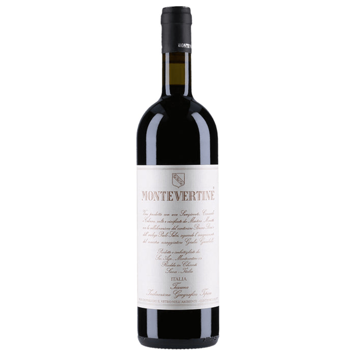 Montevertine wine bottle with dark glass and black screw cap.