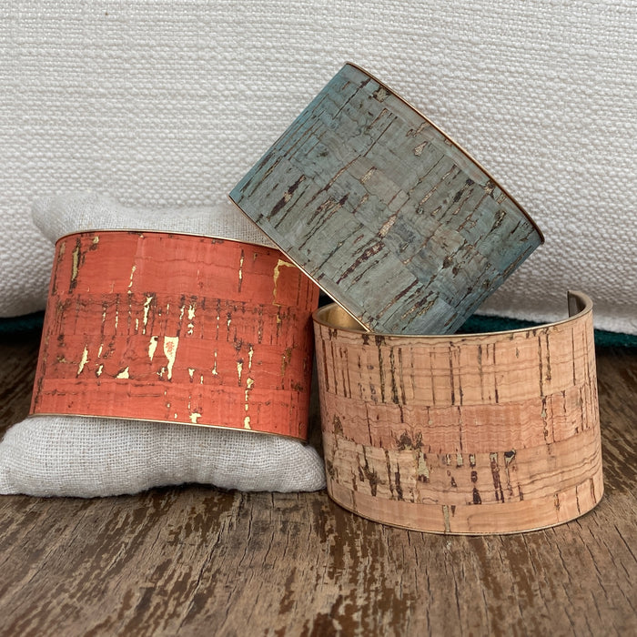 Natural Cork Cuff Bracelet available in natural, coral and teal with gold flecks throughout