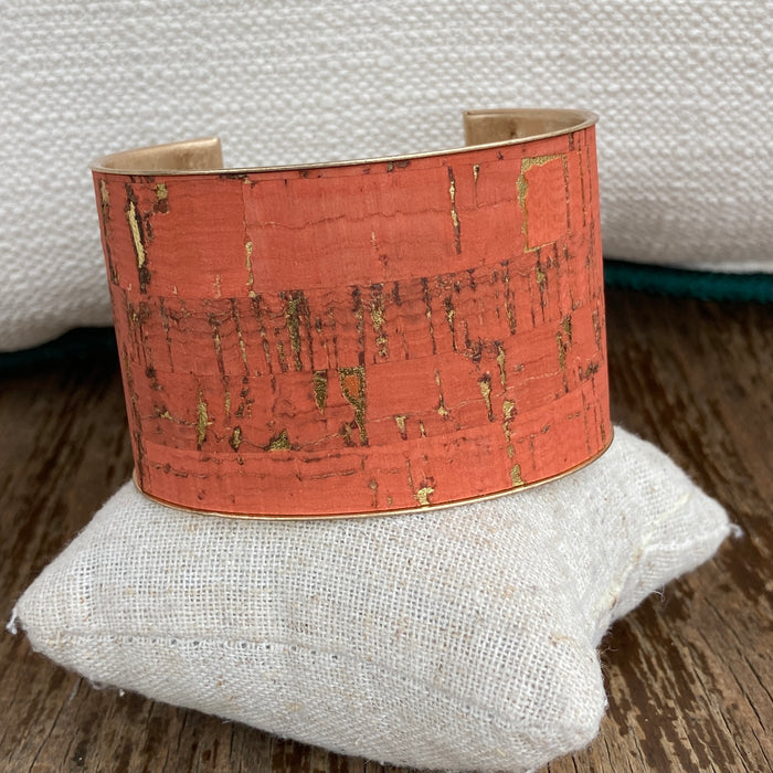 Natural Cork Cuff Bracelet available in coral with gold flecks throughout