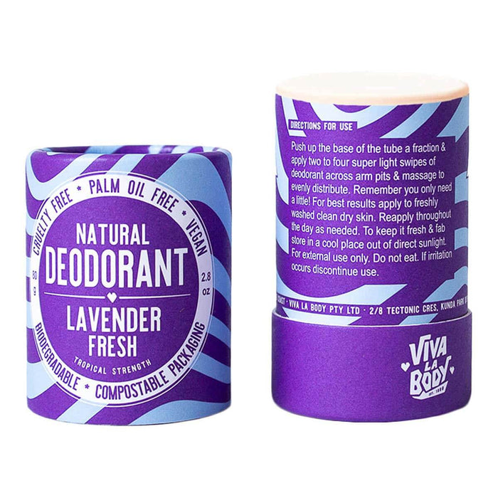 Deodorant stick with lid off, showing the product & inside of packaging with directions for use.