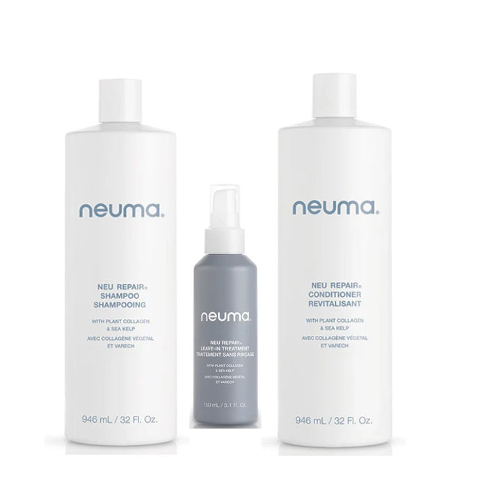 Neuma hair care product set including shampoo, conditioner, and treatment spray on a white background