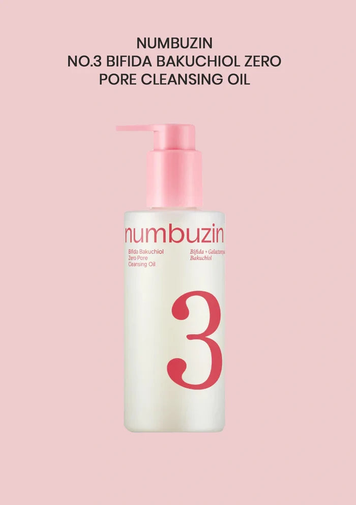 Numbuzin No.3 Bifida Bakuchiol Zero Pore Cleansing Oil bottle on a pink background