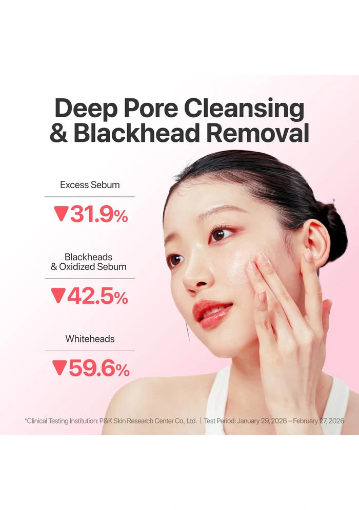 Woman with a clean face and text about deep pore cleansing and blackhead removal on a pink background