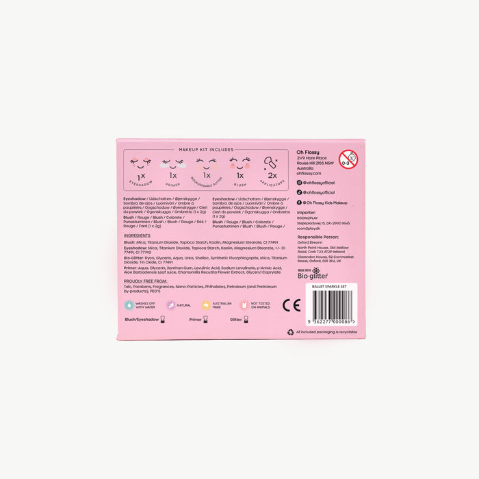 Pink makeup kit packaging with text and icons on a white background