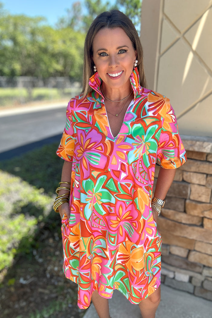 Oliva Ruffle Neck Shift Dress - Bloom Mirage