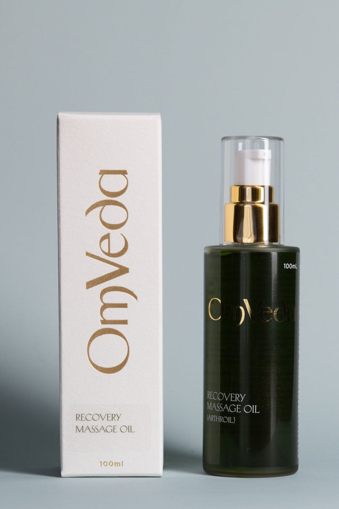 Recovery body oil bottle with gold pump and matching box, dark green glass, 100ml
