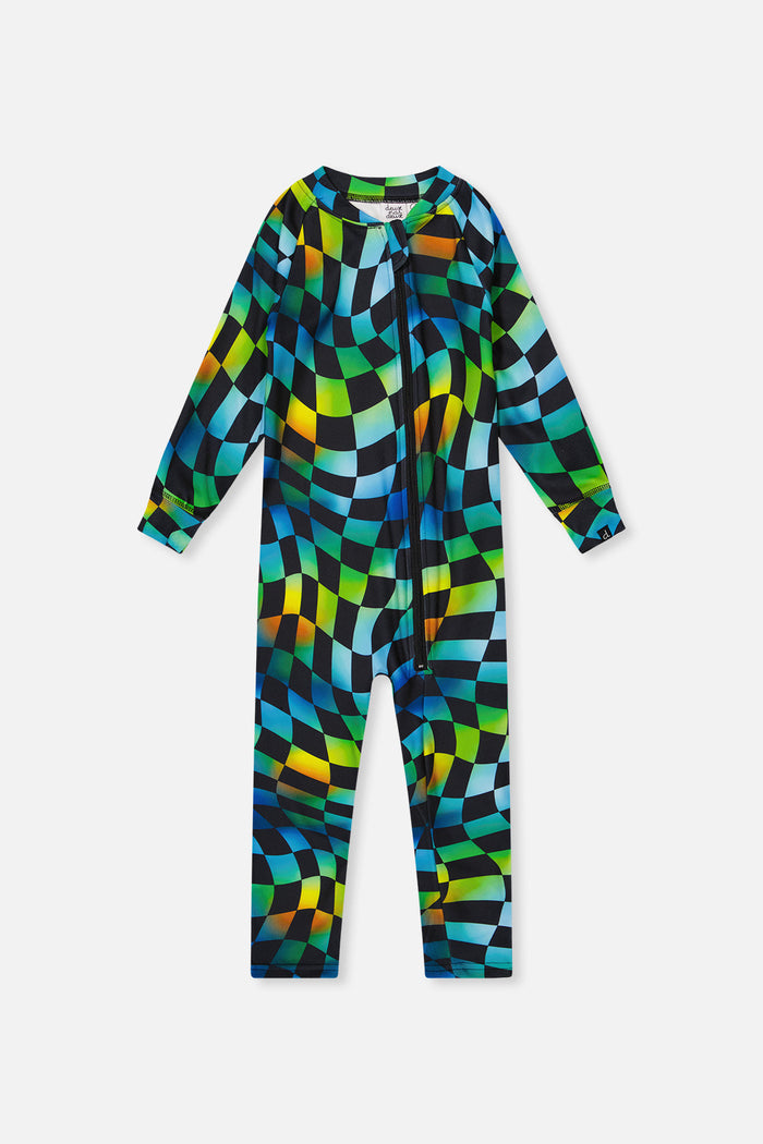 One Piece Thermal Underwear Blue Checkered Print-0