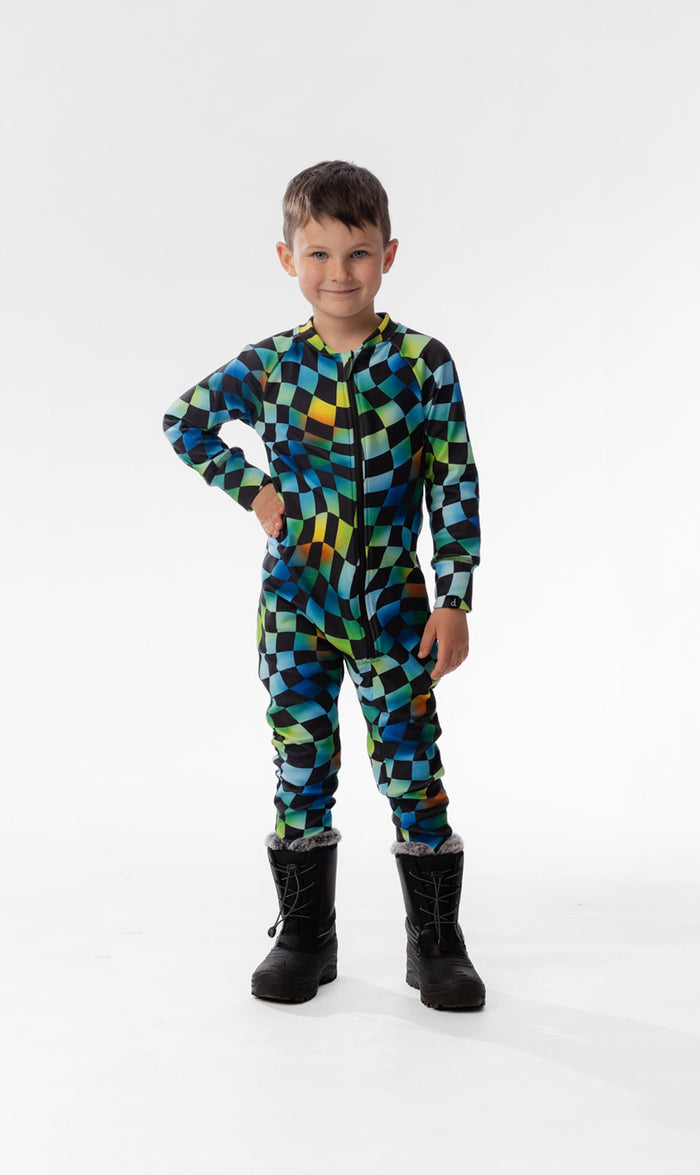 One Piece Thermal Underwear Blue Checkered Print-1