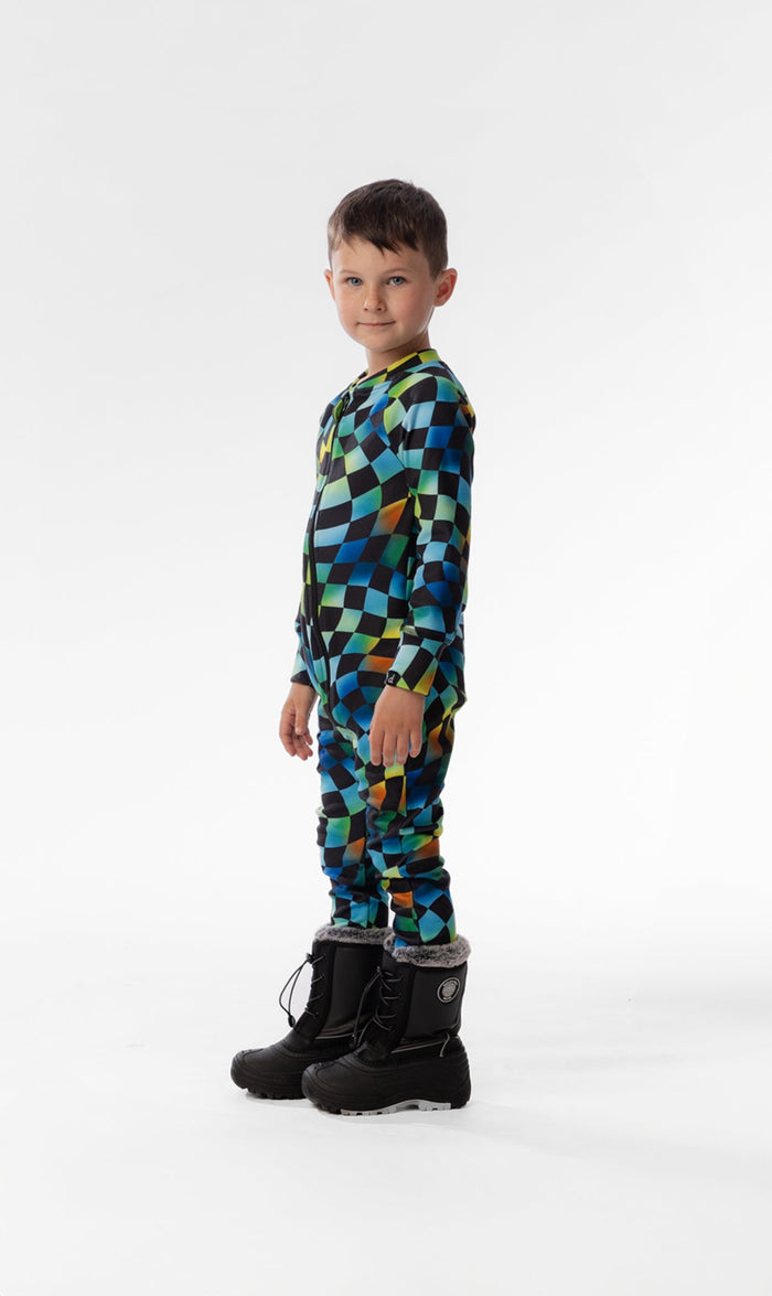 One Piece Thermal Underwear Blue Checkered Print-2