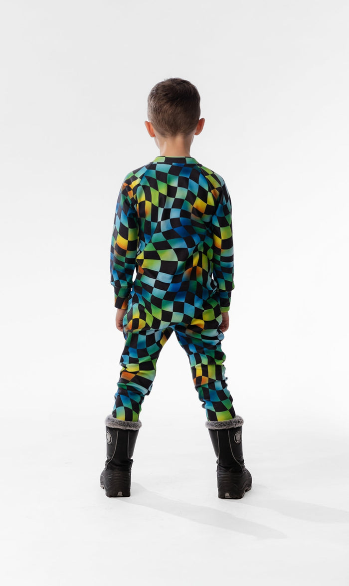 One Piece Thermal Underwear Blue Checkered Print-3