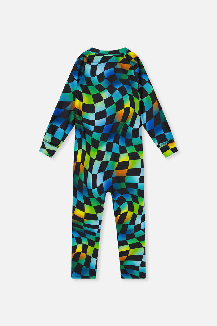 One Piece Thermal Underwear Blue Checkered Print-4