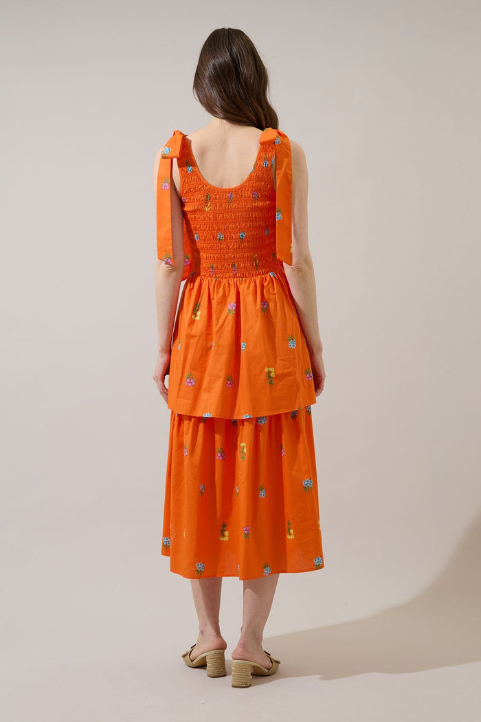 Orange Smocked Midi Dress w/ Floral Details
