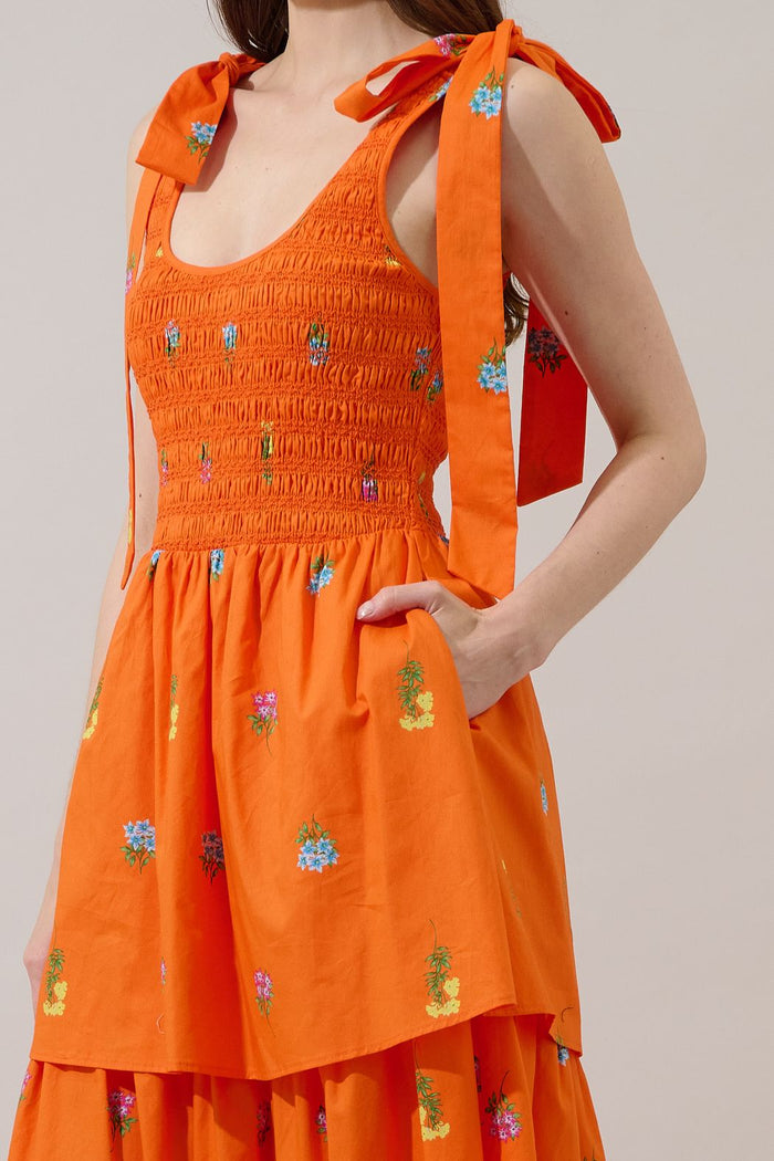 Orange Smocked Midi Dress w/ Floral Details