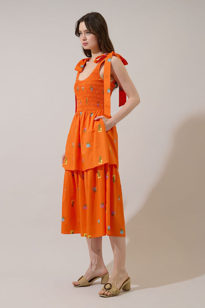 Orange Smocked Midi Dress w/ Floral Details