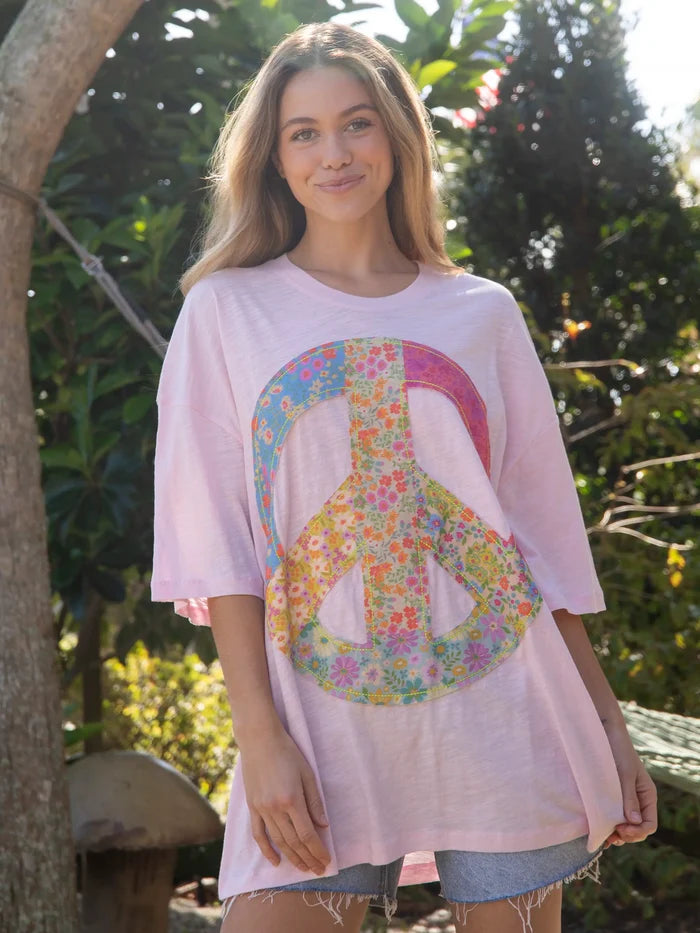 Oversized Cotton Applique Tee - Light Pink Peace Sign-view 2