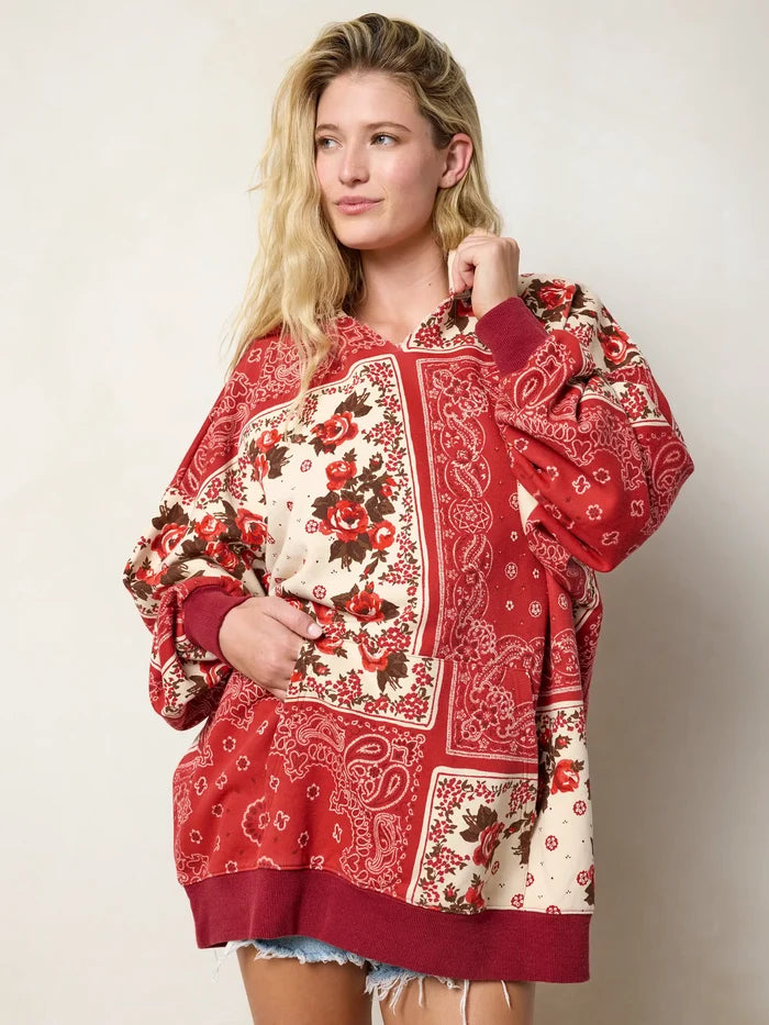 Oversized Printed Hoodie - Western Handkerchief Brick-view 1