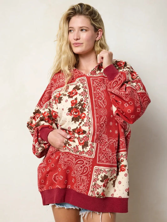 Oversized Printed Hoodie - Western Handkerchief Brick-view 1