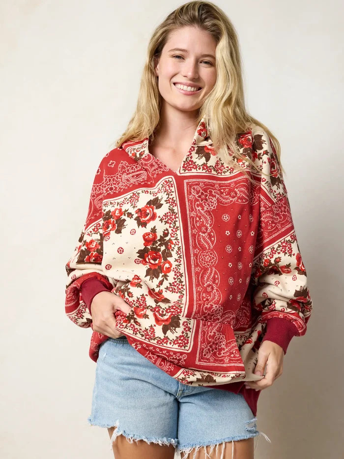 Oversized Printed Hoodie - Western Handkerchief Brick-view 3