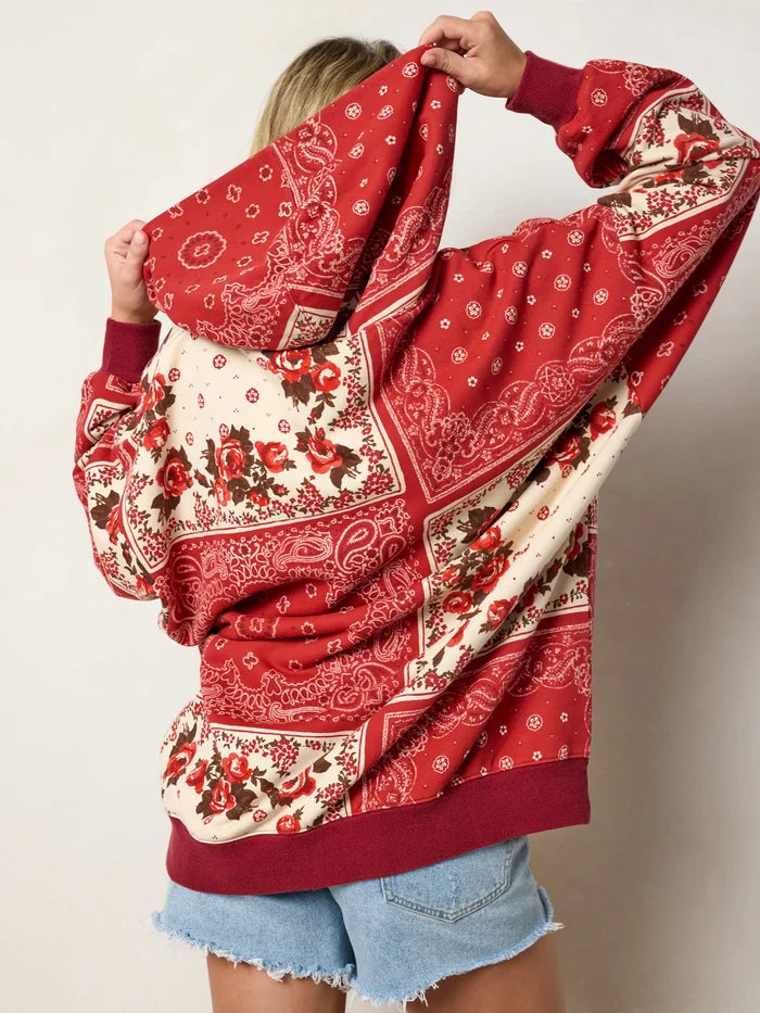 Oversized Printed Hoodie - Western Handkerchief Brick-view 4