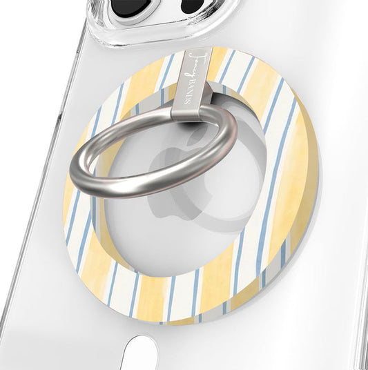 Palm Shore Club MagSafe phone grip ring with yellow blue and white watercolor stripes compatible with iPhone and Samsung