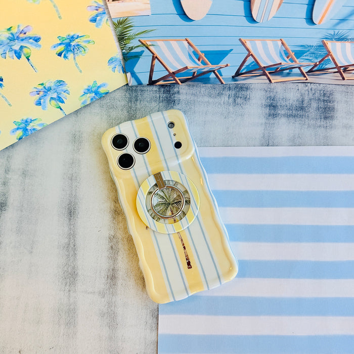 Palm Shore Club MagSafe phone grip ring with yellow blue and white watercolor stripes compatible with iPhone and Samsung