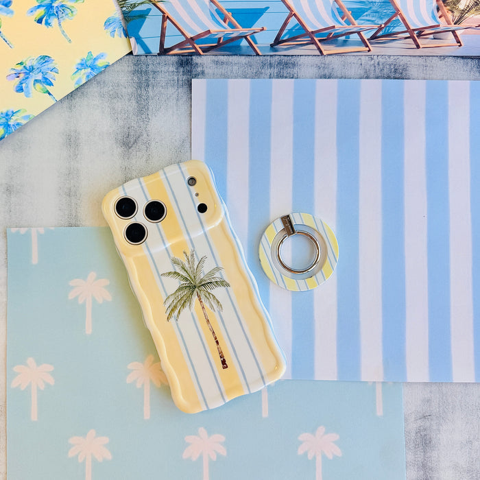 Palm Shore Club MagSafe phone grip ring with yellow blue and white watercolor stripes compatible with iPhone and Samsung