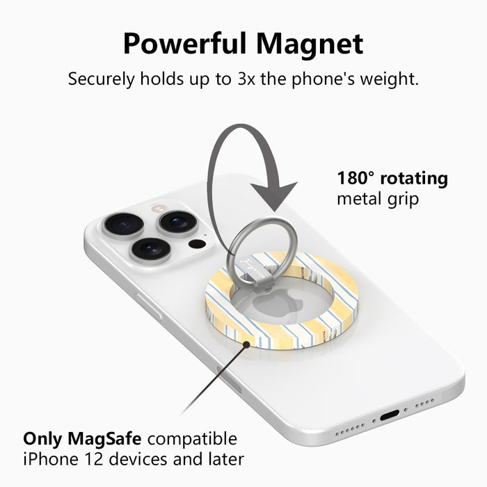 Palm Shore Club MagSafe phone grip ring with yellow blue and white watercolor stripes compatible with iPhone and Samsung